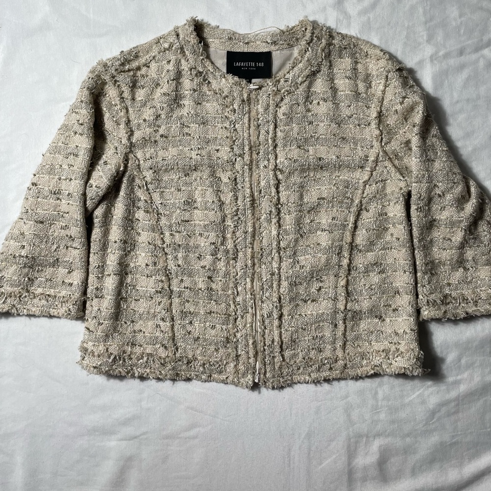 Lafayette 148 Evening Tweed Fringe full zip Jacket Womens size S